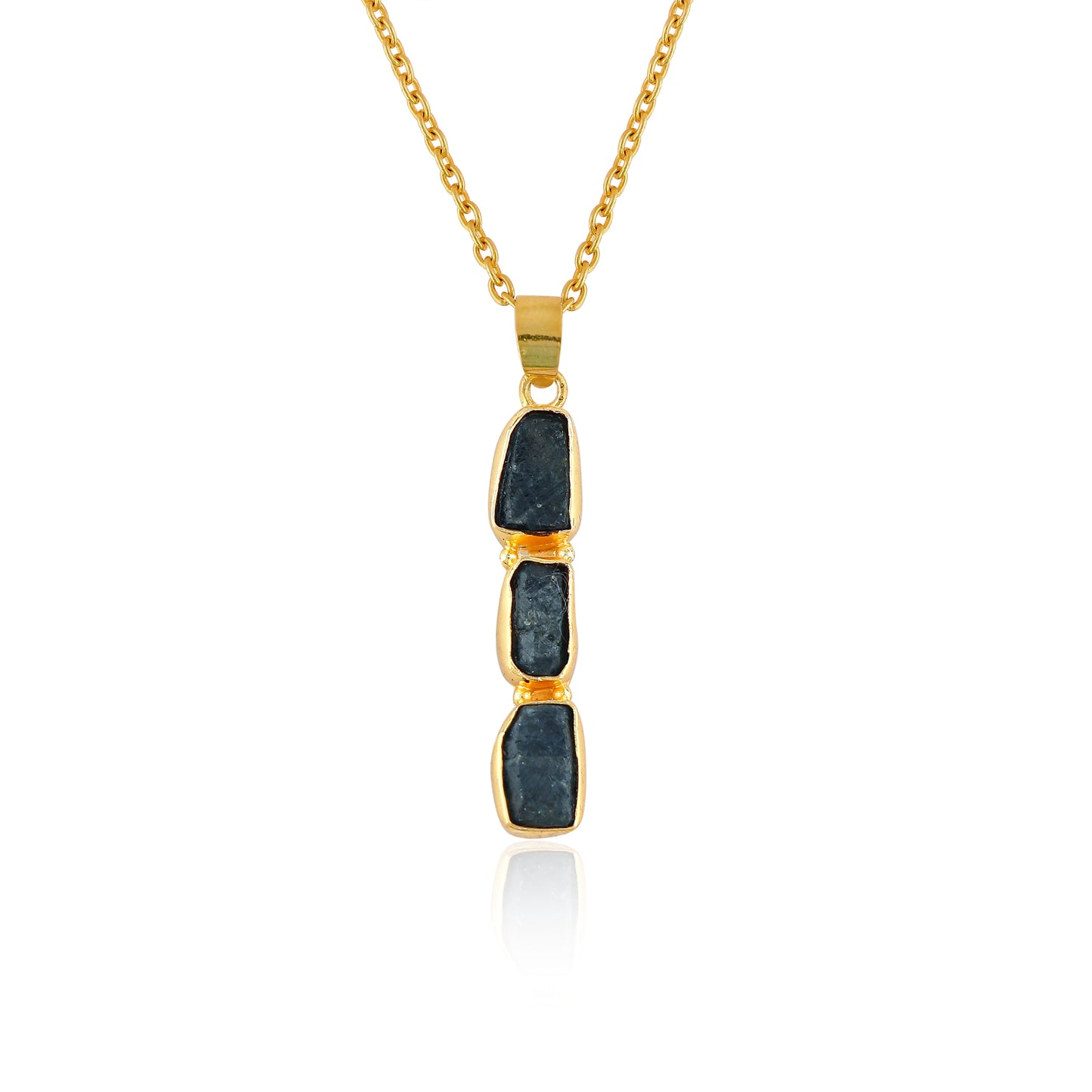 Natural sapphire raw crystal pendant necklaces displayed in a row with irregular blue gemstones set in gold-plated bezels on 18-inch chains