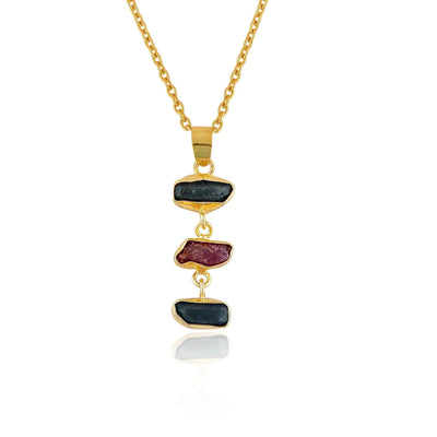 Natural Sapphire & Ruby Rough Crystal Pendant Necklace | AA+ Genuine Gemstone | Gold-Plated Jewelry Piece | 18 Inch (16 + 2 Inch Extender) | Madagascar & Thailand Origin
