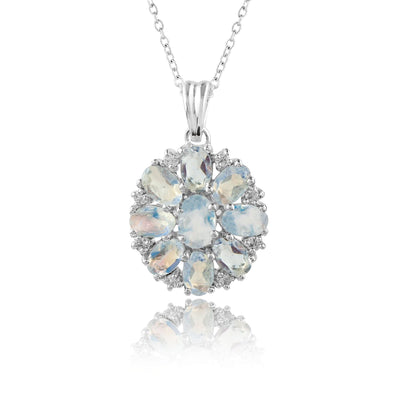 Rainbow Moonstone Pendant Necklace | Oval Cluster Sterling Silver Moonstone Necklace | June Birthstone Jewelry