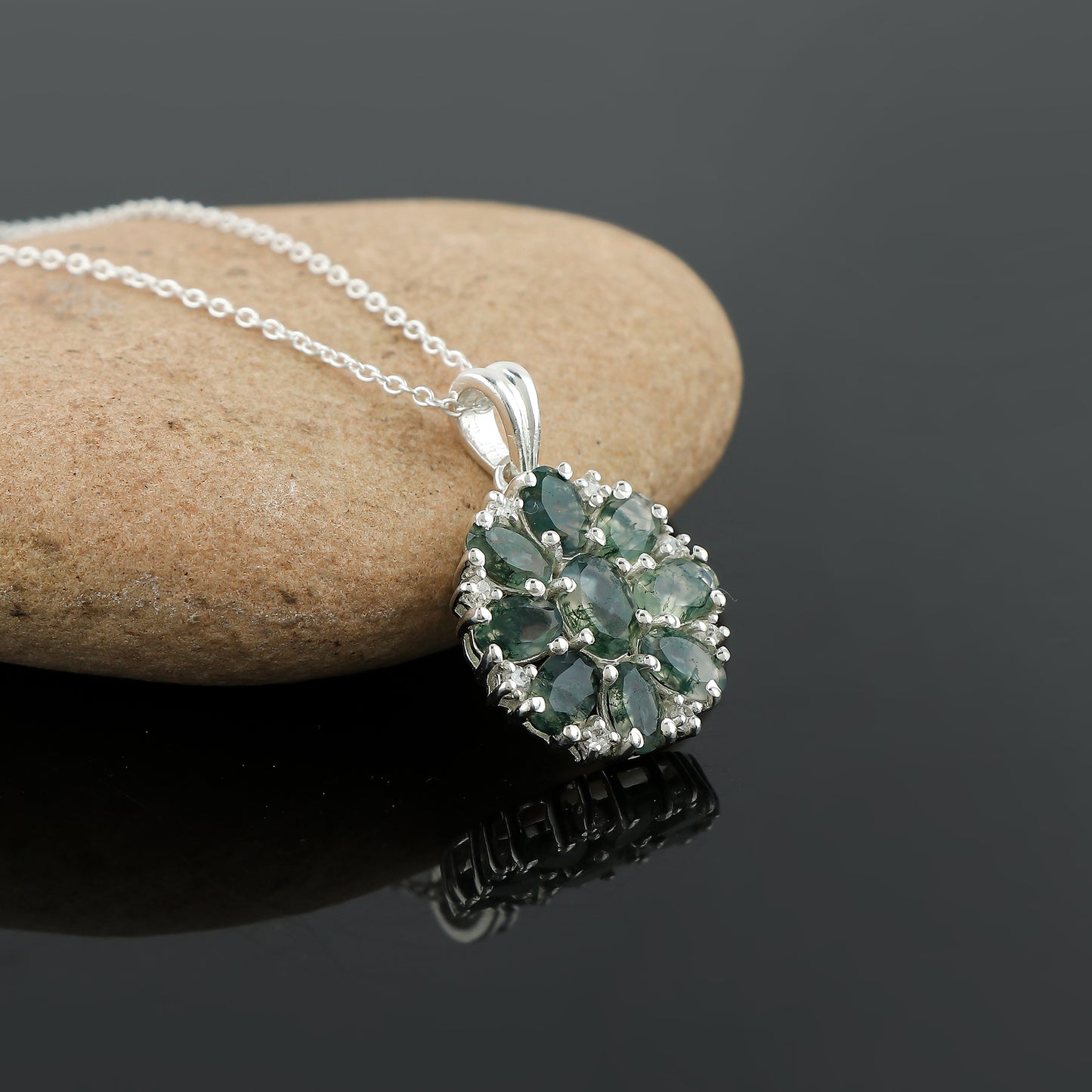 Real Moss Agate Pendant Necklace in an 18 Inch adjustable Chain | 925 Sterling Silver