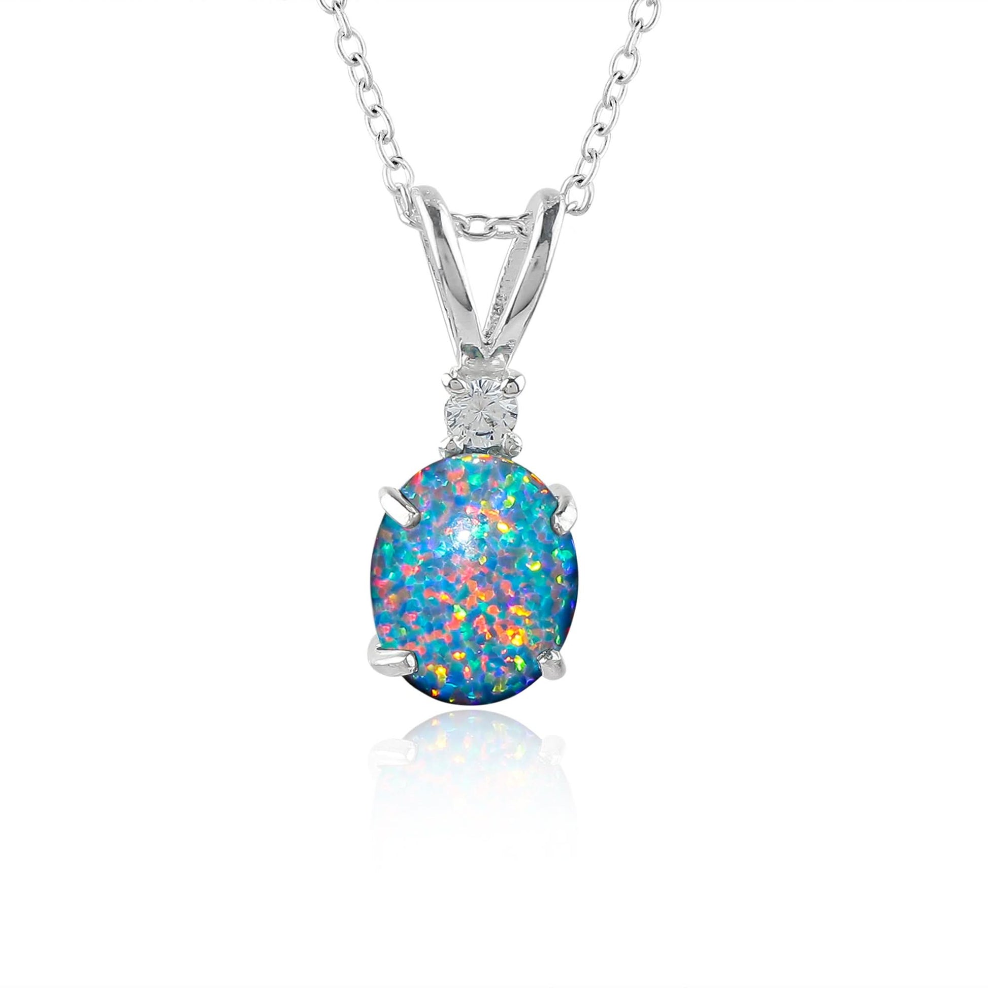 Opal pendant necklace with a diamond on a white background