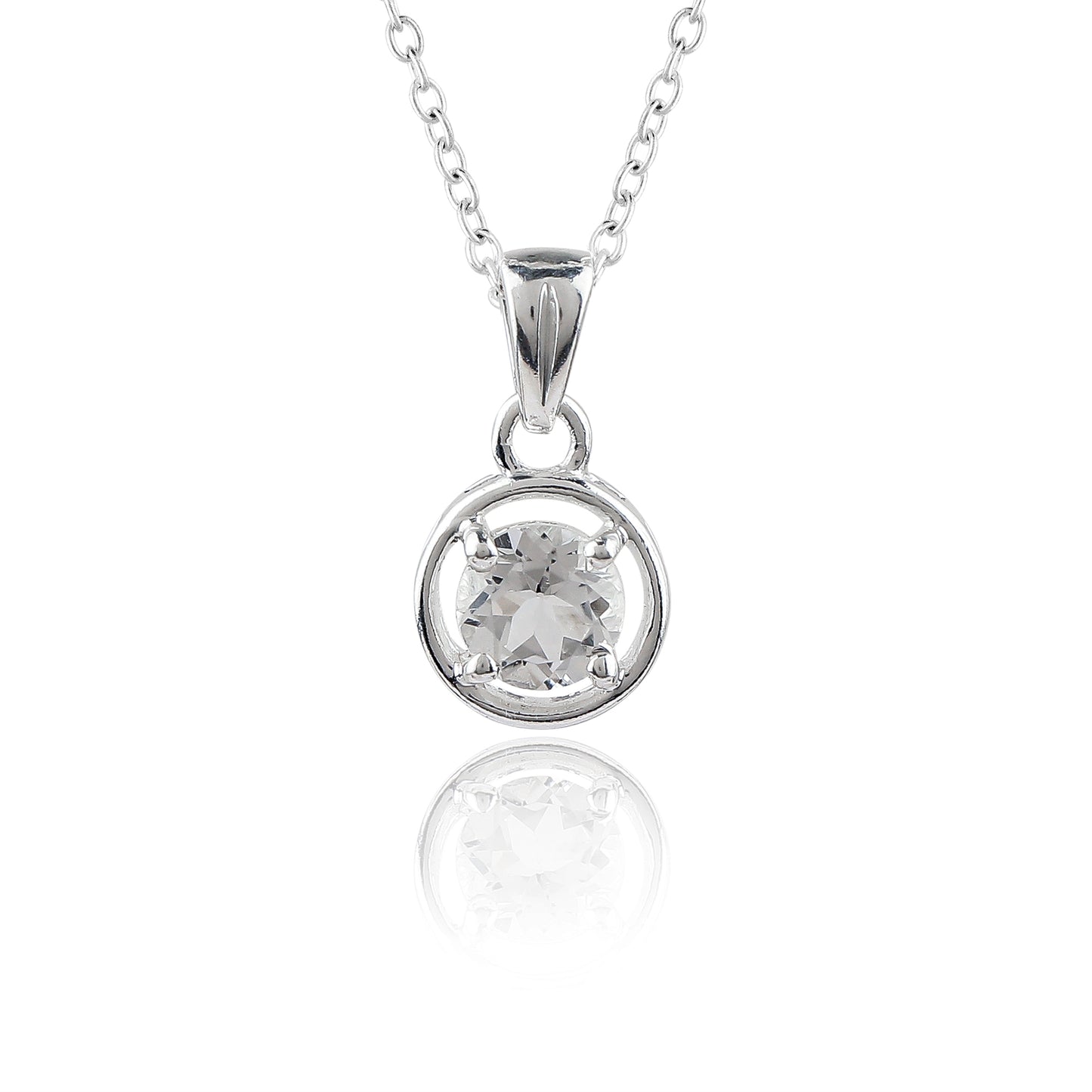 Silver pendant necklace with a clear gemstone on a white background