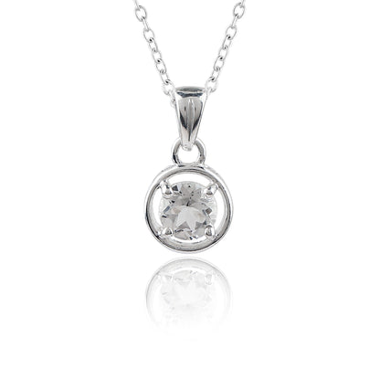Silver pendant necklace with a clear gemstone on a white background