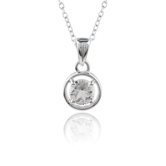 Silver pendant necklace with a clear gemstone on a white background