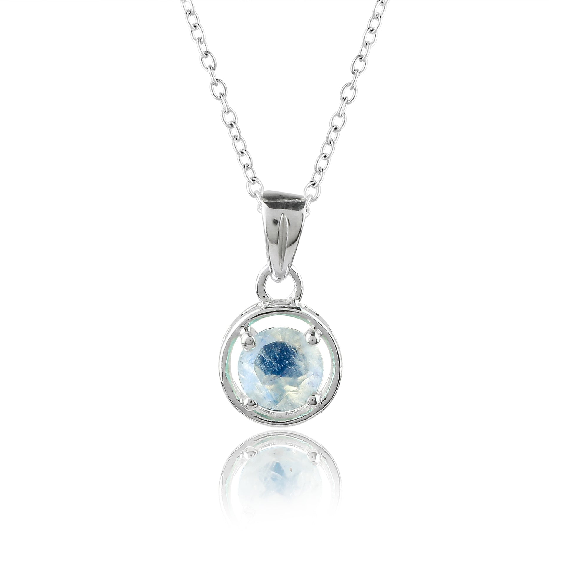 Rainbow Moonstone Pendant Necklace features a faceted round rainbow moonstone gemstone set in 925 sterling silver