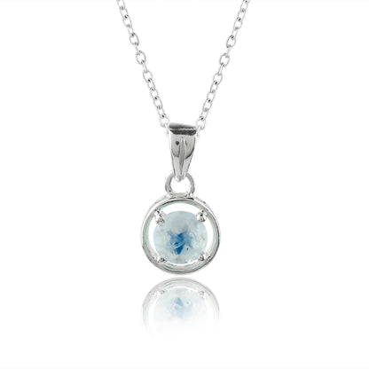 Silver necklace with a round pendant featuring a blue gemstone on a white background