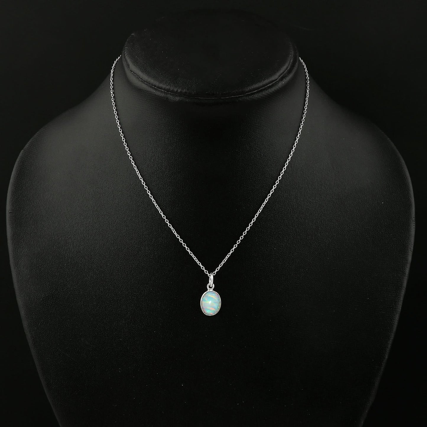 Charming White Line Ethiopian Opal Pendant in  silver plated – Oval Shaped, Delicate & Elegant