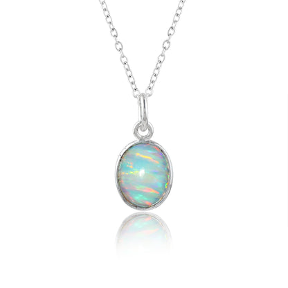 Charming White Line Ethiopian Opal Pendant in  silver plated – Oval Shaped, Delicate & Elegant