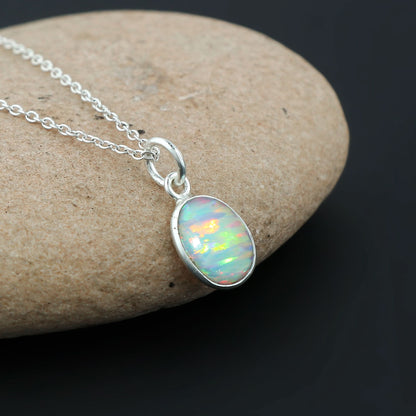 Charming White Line Ethiopian Opal Pendant in  silver plated – Oval Shaped, Delicate & Elegant