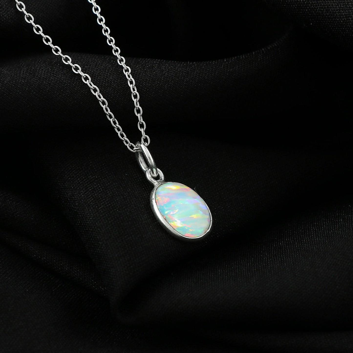 Charming White Line Ethiopian Opal Pendant in  silver plated – Oval Shaped, Delicate & Elegant