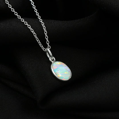 Charming White Line Ethiopian Opal Pendant in  silver plated – Oval Shaped, Delicate & Elegant
