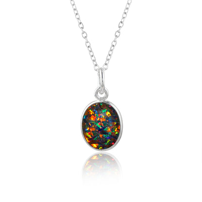 Black Opal Crystal Pendant Necklace, Fire Play Gemstone, Birthstone Crystal, Healing Stone, Gift for Women Mom Her, Statement Jewelry, 925 Sterling Silver 18 inch