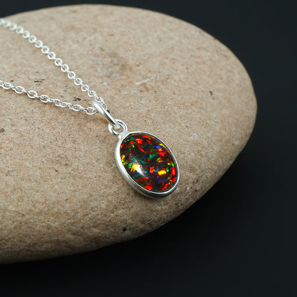 Black Opal Crystal Pendant Necklace, Fire Play Gemstone, Birthstone Crystal, Healing Stone, Gift for Women Mom Her, Statement Jewelry, 925 Sterling Silver 18 inch