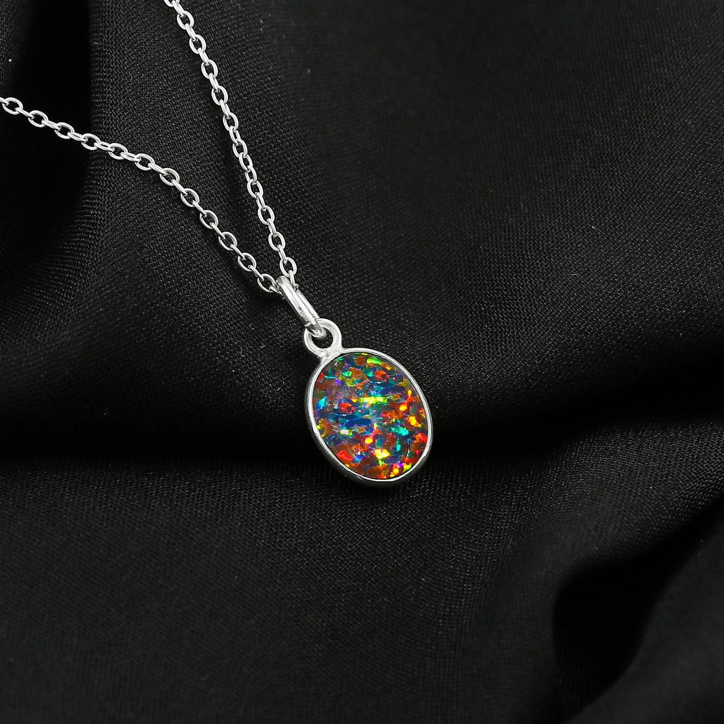 Black Opal Crystal Pendant Necklace, Fire Play Gemstone, Birthstone Crystal, Healing Stone, Gift for Women Mom Her, Statement Jewelry, 925 Sterling Silver 18 inch