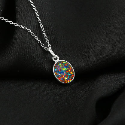 Black Opal Crystal Pendant Necklace, Fire Play Gemstone, Birthstone Crystal, Healing Stone, Gift for Women Mom Her, Statement Jewelry, 925 Sterling Silver 18 inch