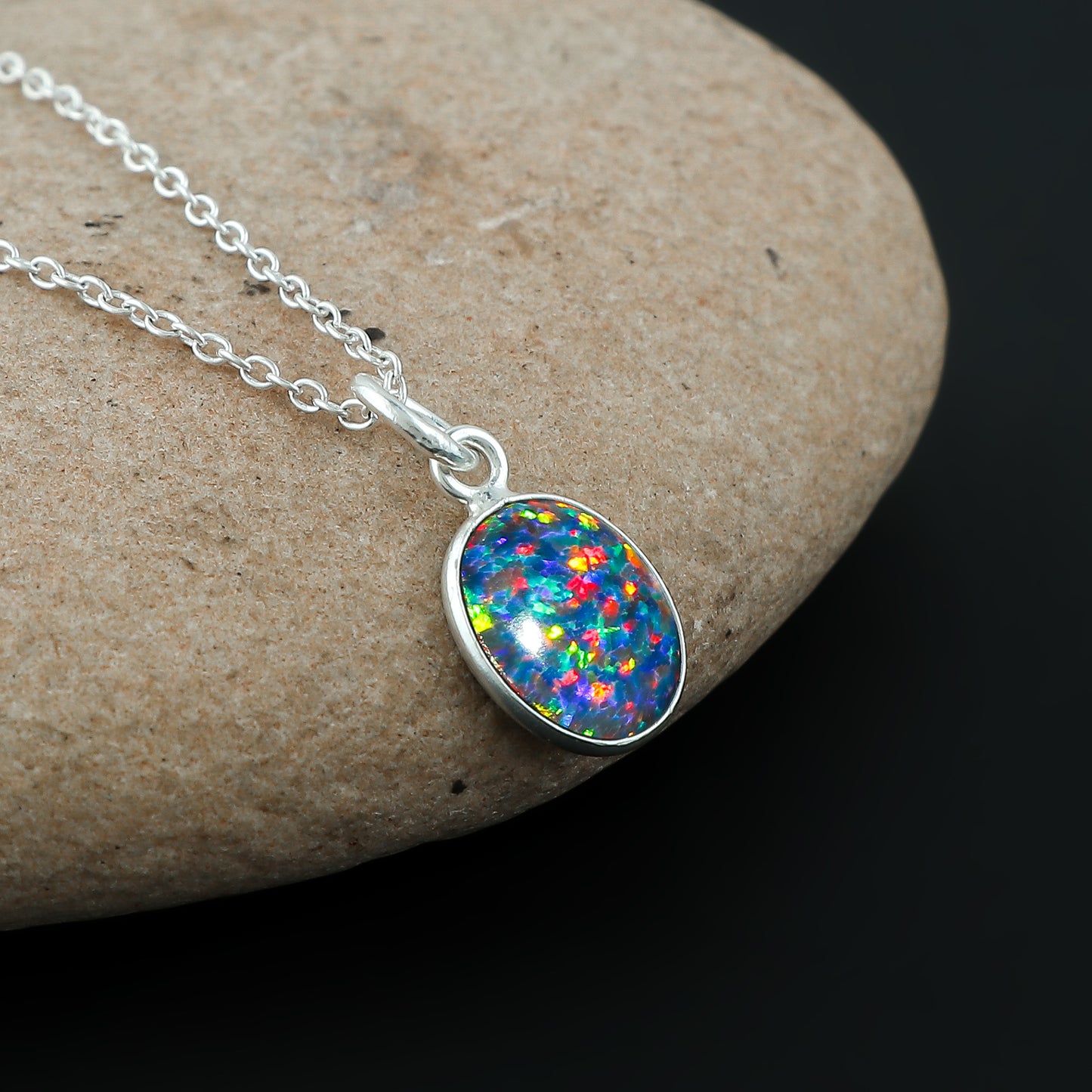 Black Opal Crystal Pendant Necklace, Fire Play Gemstone, Birthstone Crystal, Healing Stone, Gift for Women Mom Her, Statement Jewellery, 925 Sterling Silver 18 inch