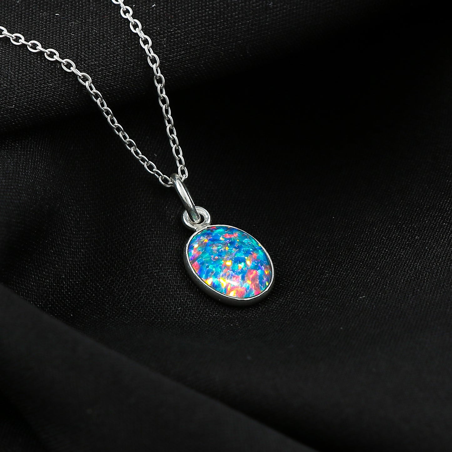 Black Opal Crystal Pendant Necklace, Fire Play Gemstone, Birthstone Crystal, Healing Stone, Gift for Women Mom Her, Statement Jewellery, 925 Sterling Silver 18 inch