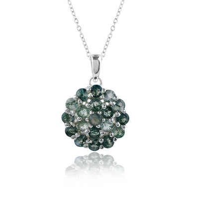 Brilliant Faceted Cut Moss Agate Crystal Pendant Necklace in 925 Sterling Silver | 18 Inch Adjustable Chain Round Shape Jewelry for Women