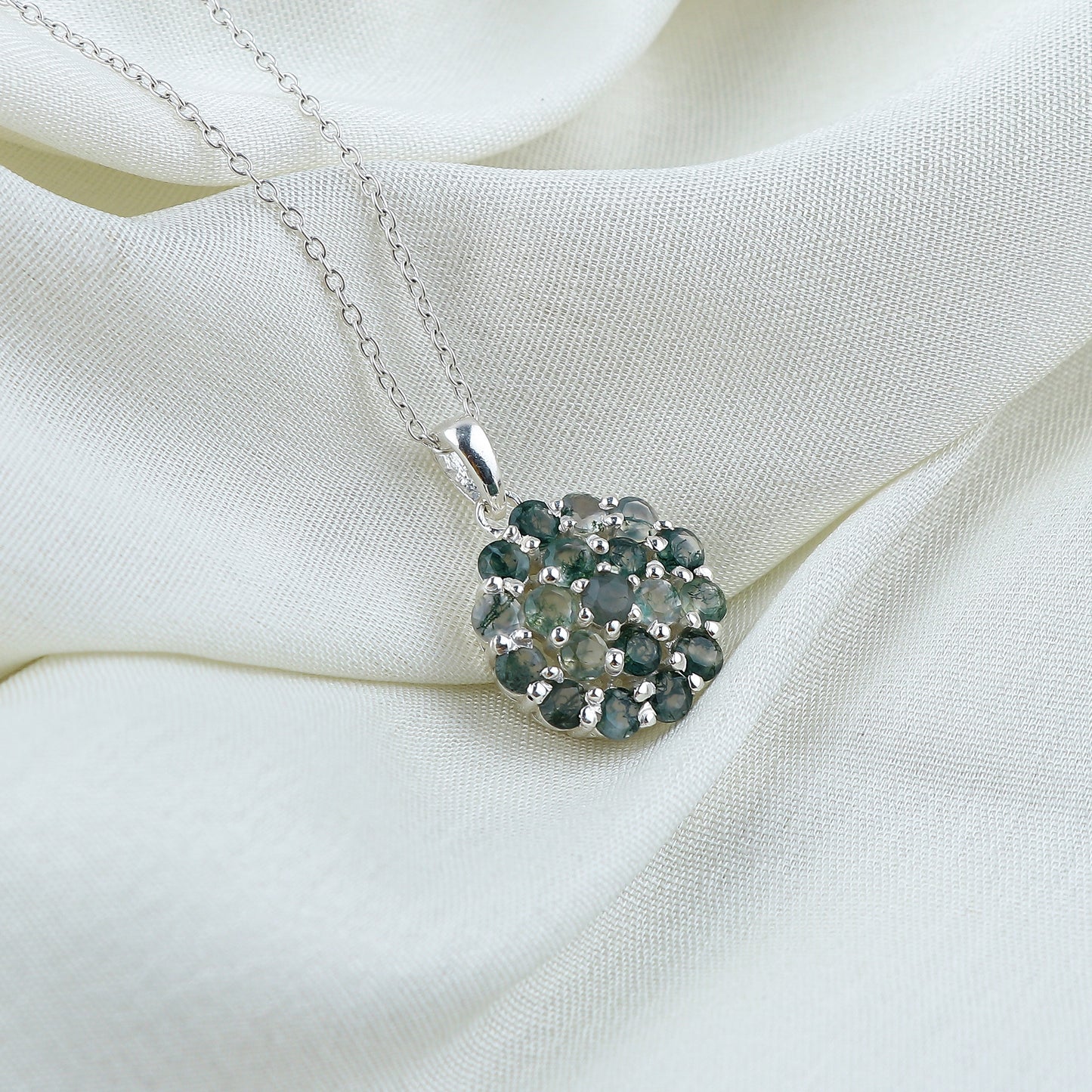 Real Moss Agate Crystal Pendant Necklace, Natural Gemstone, Birthstone Crystal, Healing Stone, Gift for Women Mom Her, Statement Jewellery, 925 Sterling Silver 18 inch