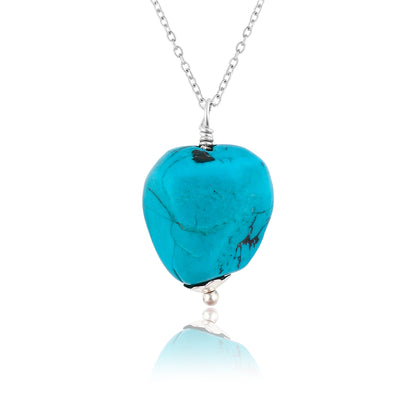 Natural Tibetan Turquoise Raw Crystal Pendant Necklace on Silver-Plated Chain