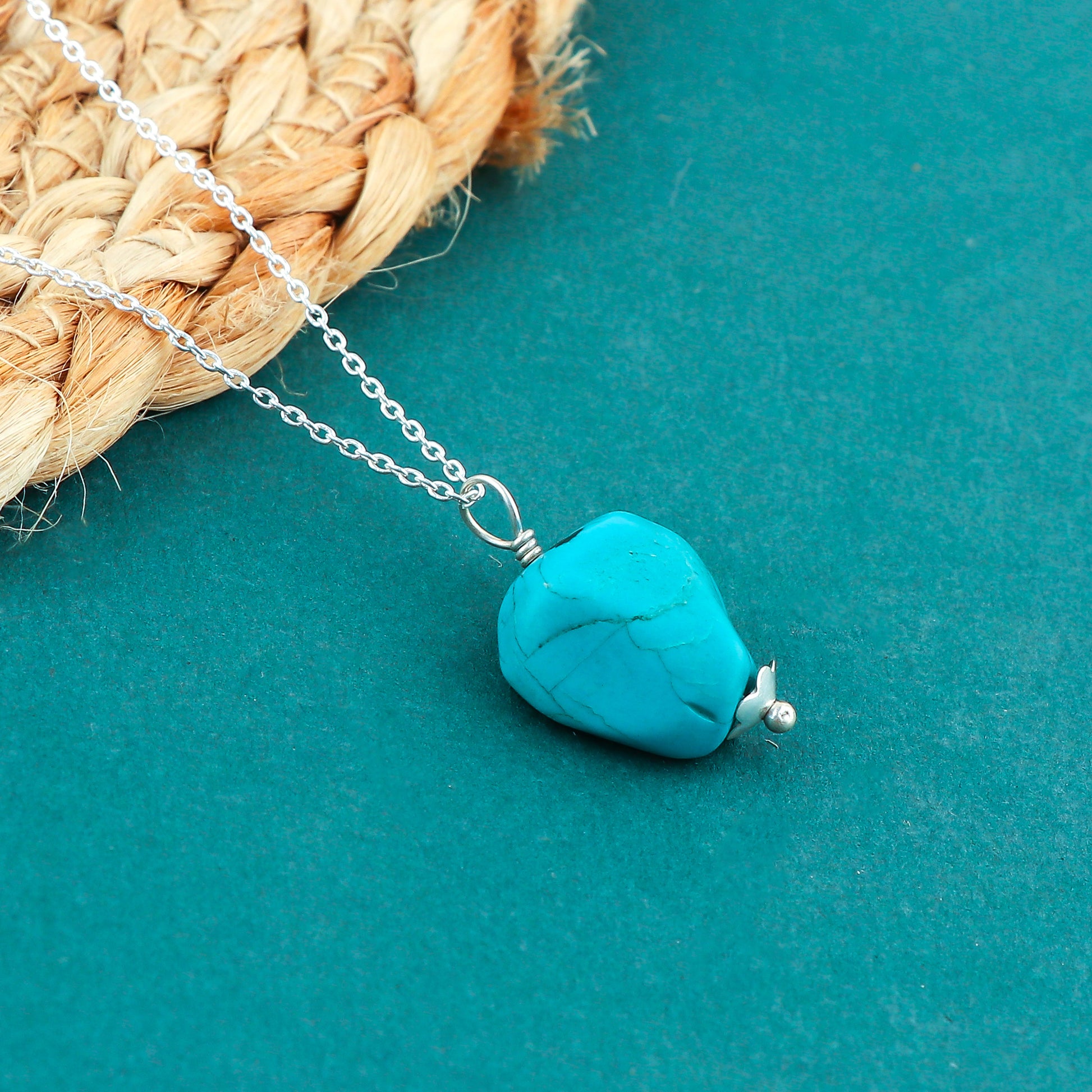 Dainty Silver-Plated Turquoise Raw Crystal Pendant Necklace 18 inch