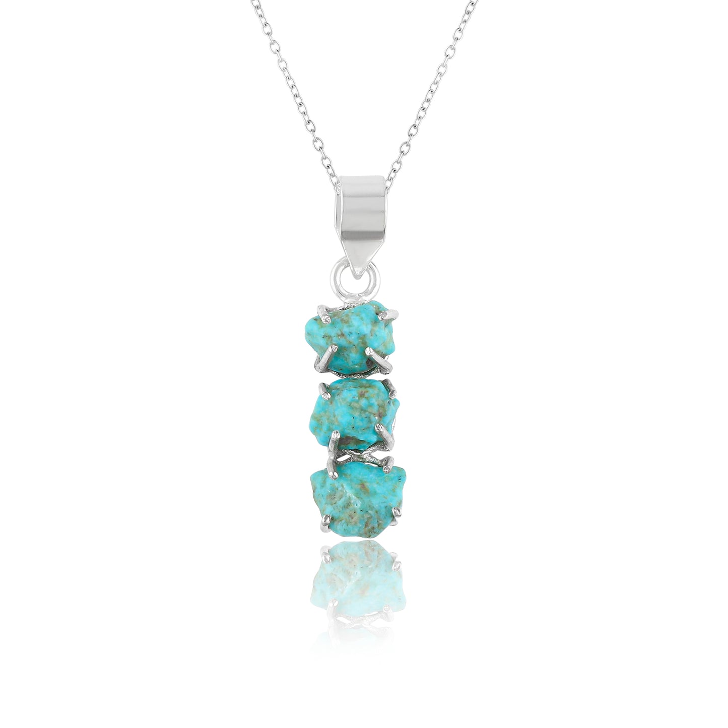 Beautiful Raw Turquoise Pendant Necklace with Silver Plated Prong Setting