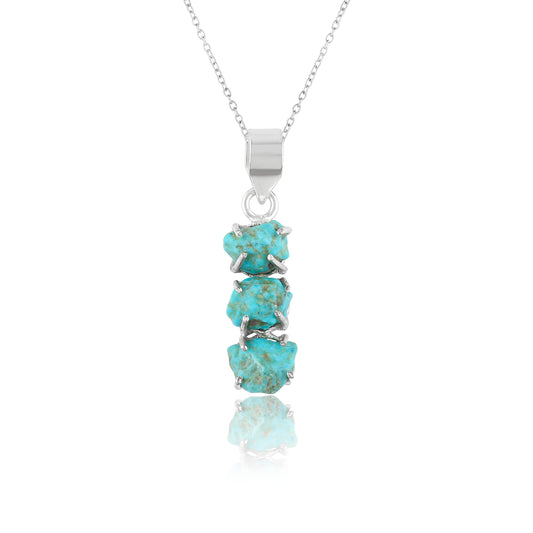 Beautiful Raw Turquoise Pendant Necklace with Silver Plated Prong Setting
