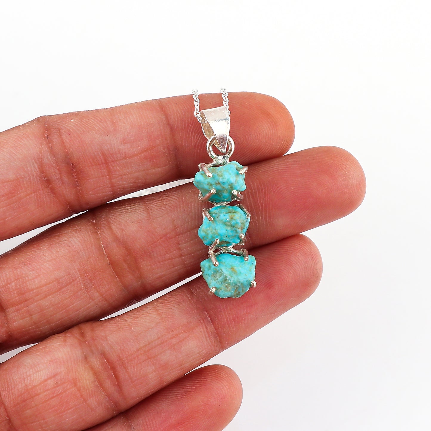 Handcrafted Silver Plated Turquoise Pendant Necklace in AA+ Natural Raw Gemstone