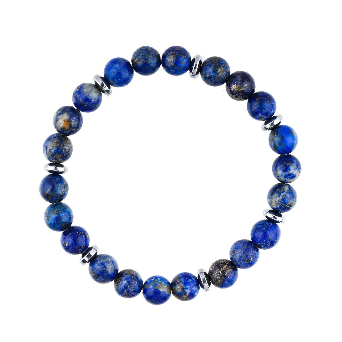 Lapis Lazuli Blue beaded bracelet with silver accents on a white background