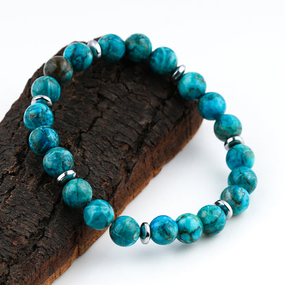Blue Turquoise Bracelet 8mm Natural Stone | Unisex 925 Silver Stretch Band