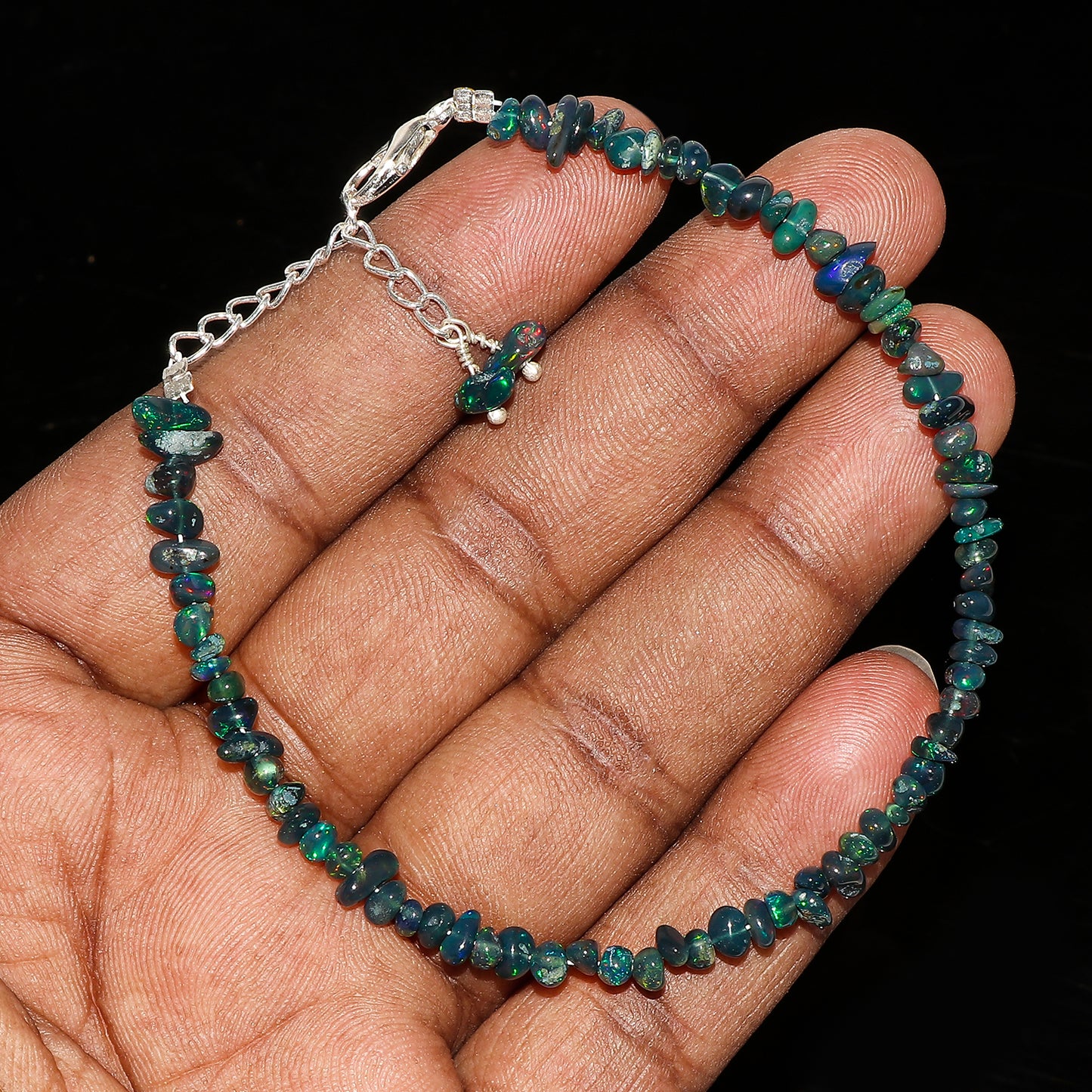 Natural Black Opal Chips Nuggets Crystal Bracelet Women Jewelry, Raw Chips Nuggets Beaded Bracelets, 8 inch