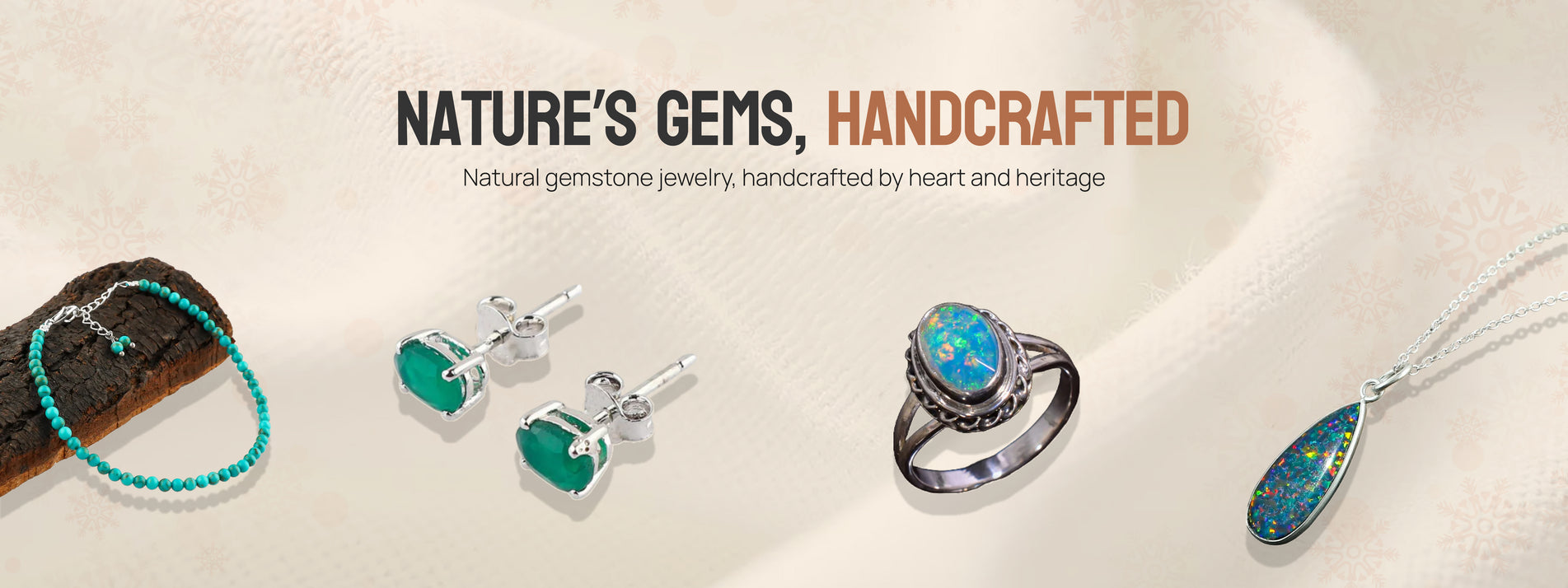 Collection of gemstone jewelry including a ring, earrings, and necklace on a beige background with 'Nature's Gems, Handcrafted' text.
