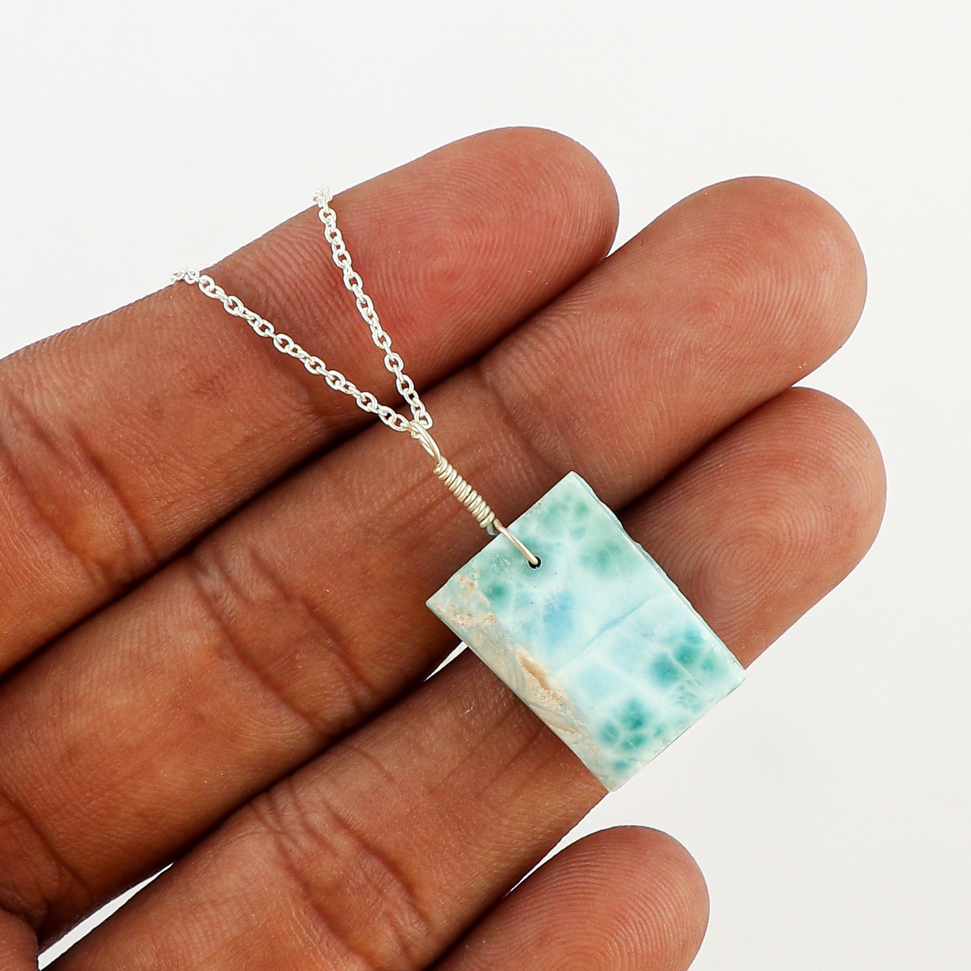 Unique Raw Larimar Pendant Necklace with 16-inch Silver-Plated Chain