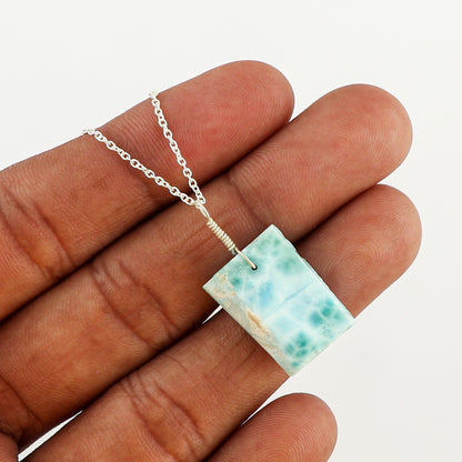 Unique Raw Larimar Pendant Necklace with 16-inch Silver-Plated Chain