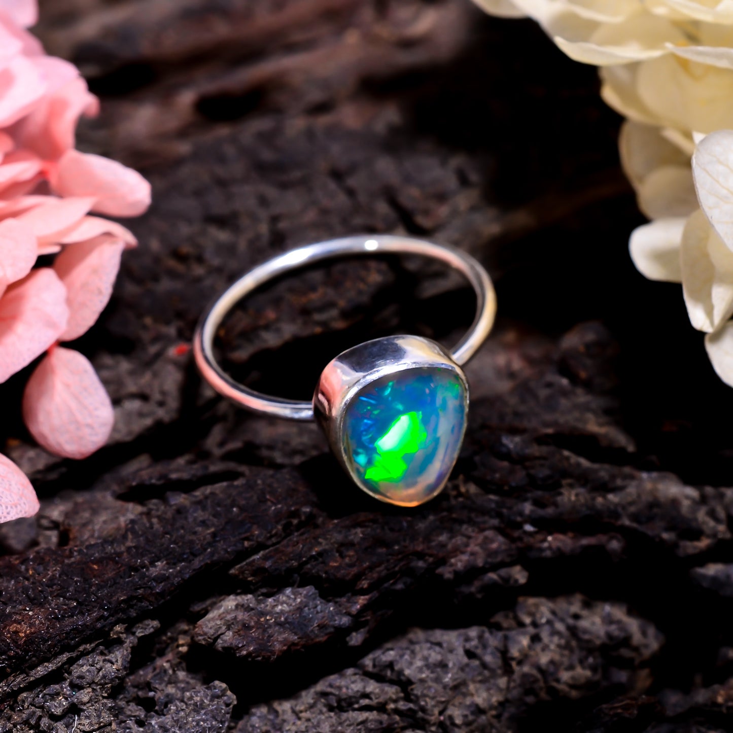 Ethnic-style raw opal ring with 11×9 mm white gemstone, handmade silver setting