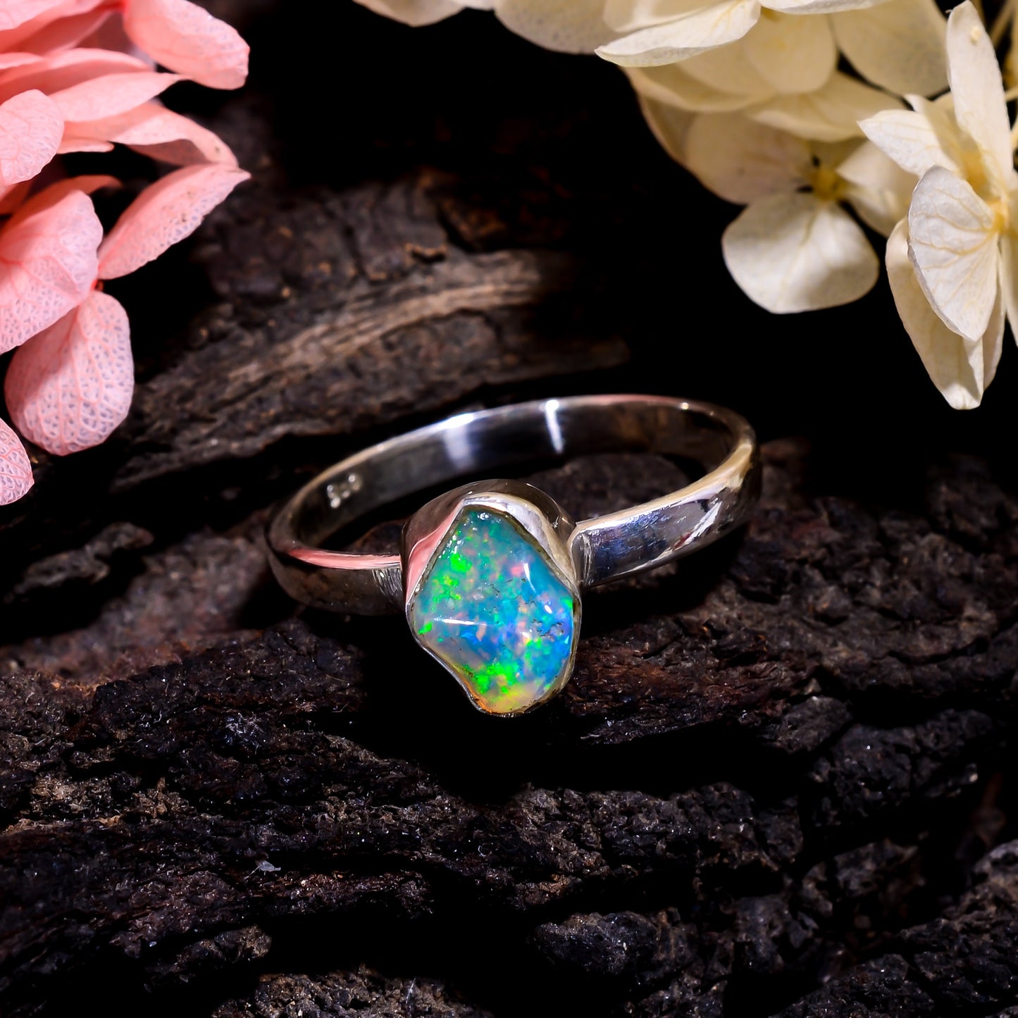 Stunning White Ethiopian Opal Rings in 925 Sterling Silver