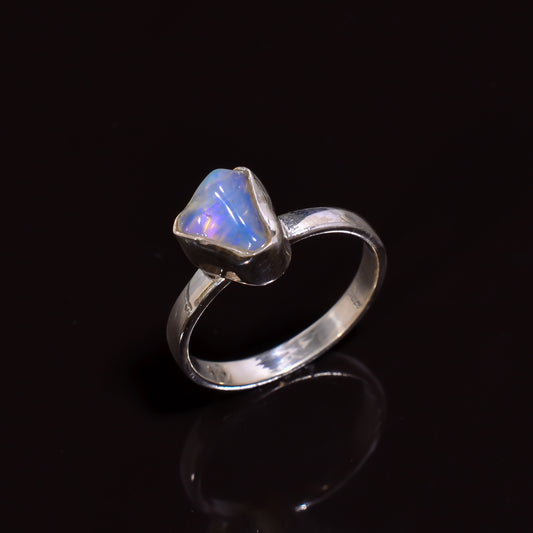 Handmade sterling silver ring with natural 8×8 mm white Raw Ethiopian opal