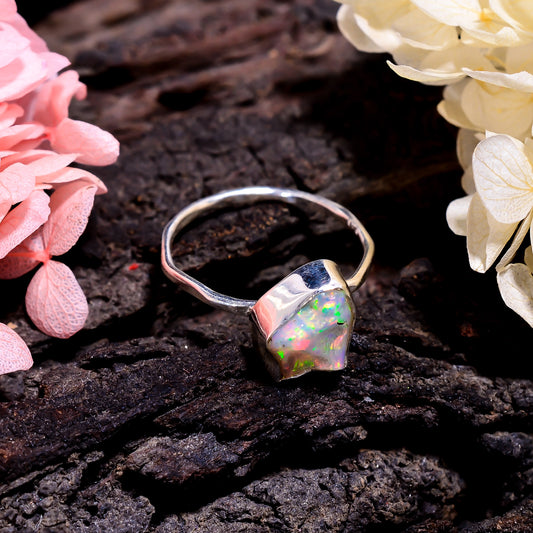 Stunning handmade Ethiopian opal gemstone ring with vibrant natural play-of-color