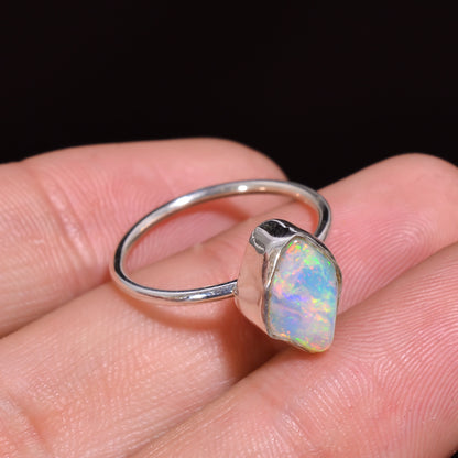 Top-grade quality White Raw Ethiopian Opal Ring handcrafted in 925 sterling silver