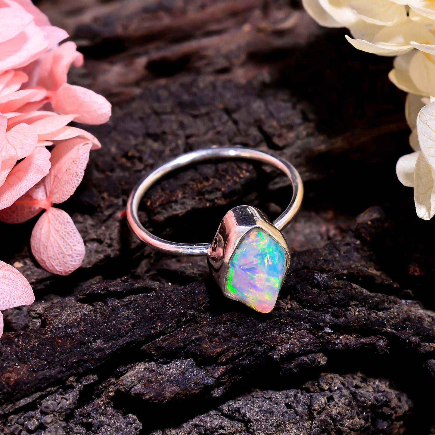 Raw White Ethiopian Opal Ring, Ethnic Style 925 Sterling Silver Women Jewelry 