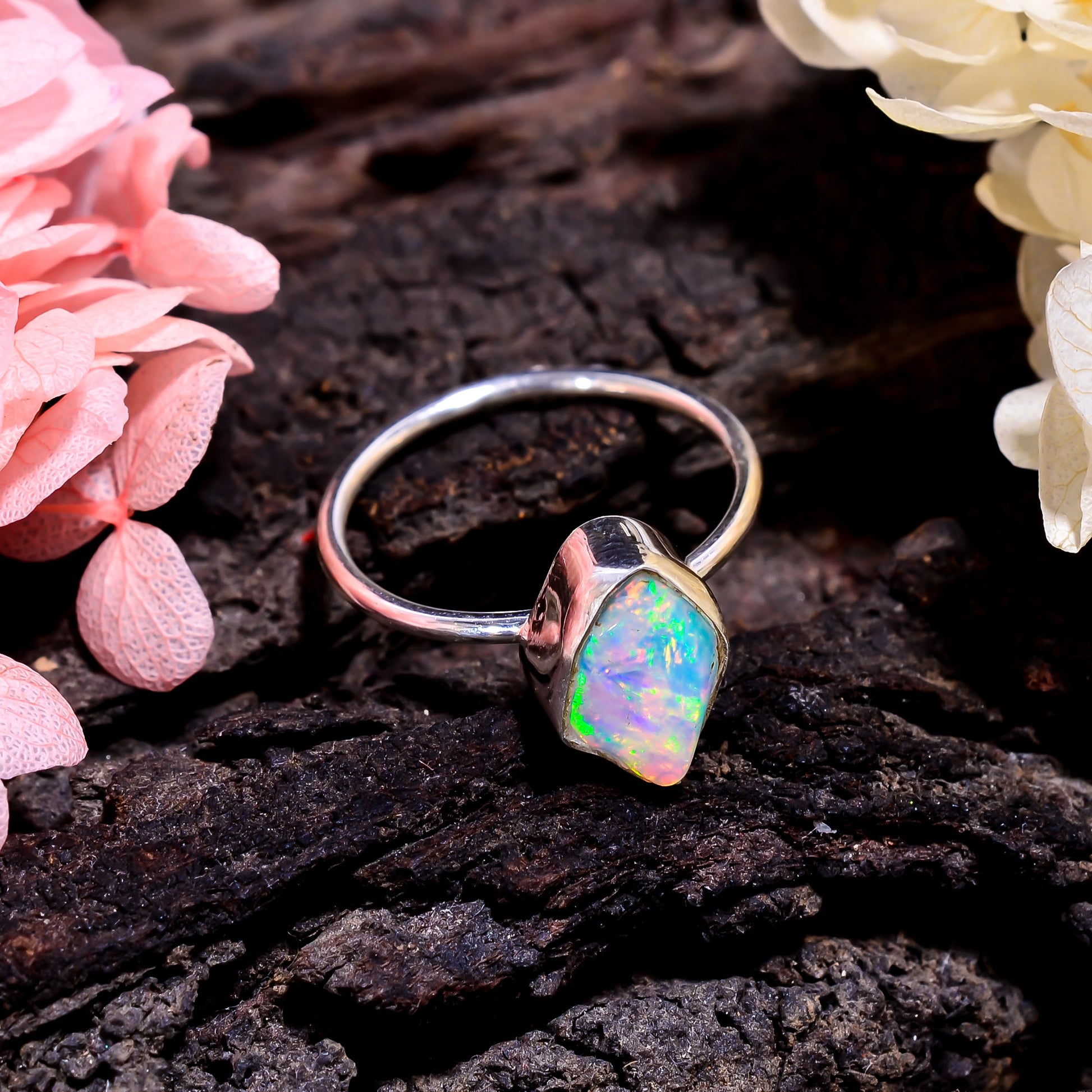 Raw White Ethiopian Opal Ring, Ethnic Style 925 Sterling Silver Women Jewelry 