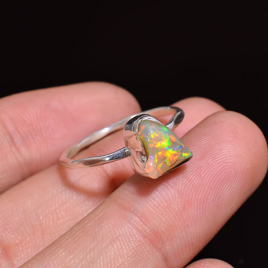 Ethnic-style 925 silver ring featuring  White Raw Ethiopian opal gemstone