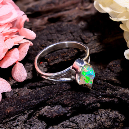 Women’s handcrafted White Raw Ethiopian opal ring with ethnic design