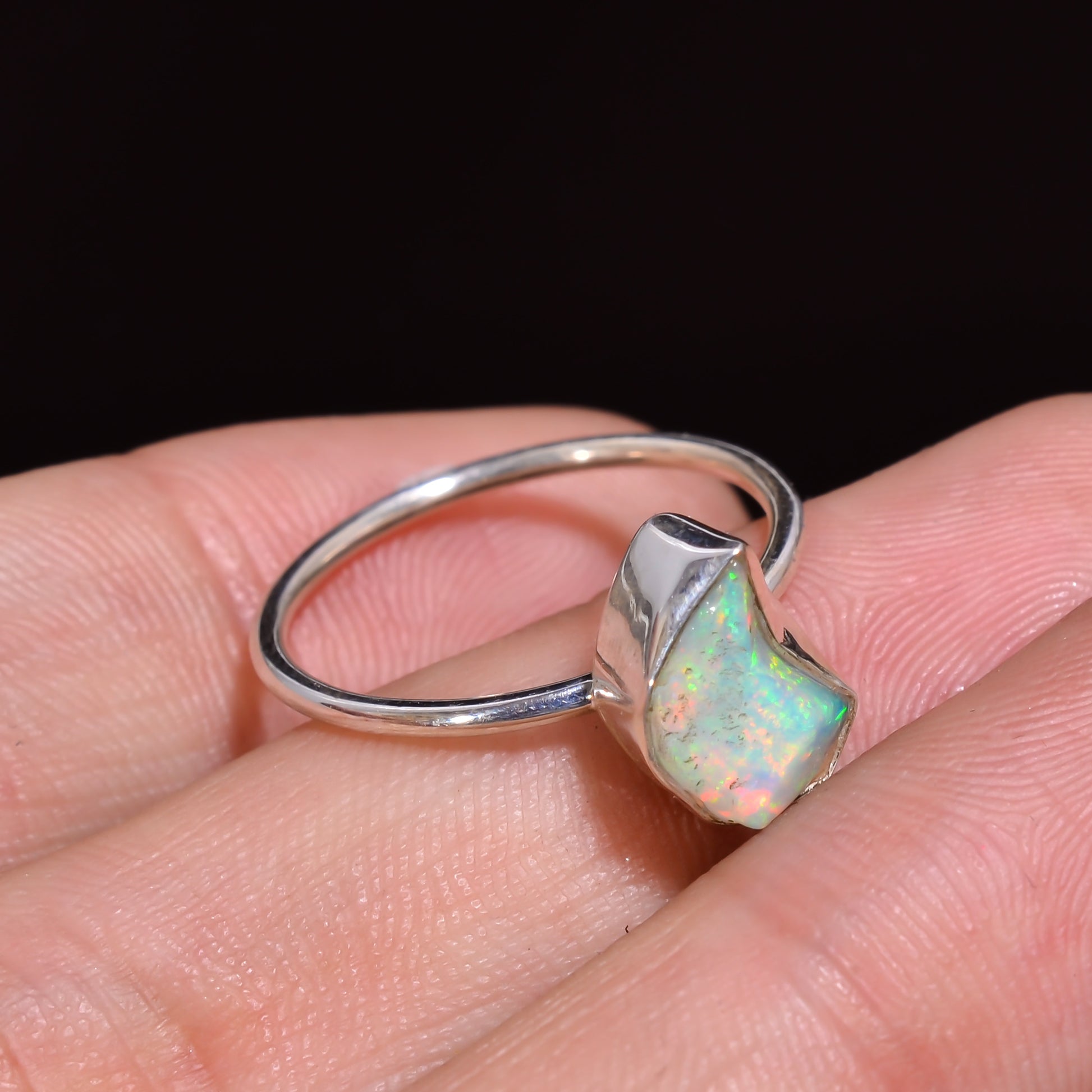 Handcrafted 925 silver ring with Raw white Ethiopian opal, size 7
