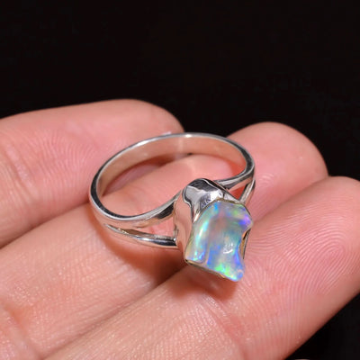 Classic Top Grade Quality 100% Natural White Ethiopian Opal Ethnic Style Handmade Jewelry 925 Sterling Silver Ring 7 US 2.4 gms 11X8mm