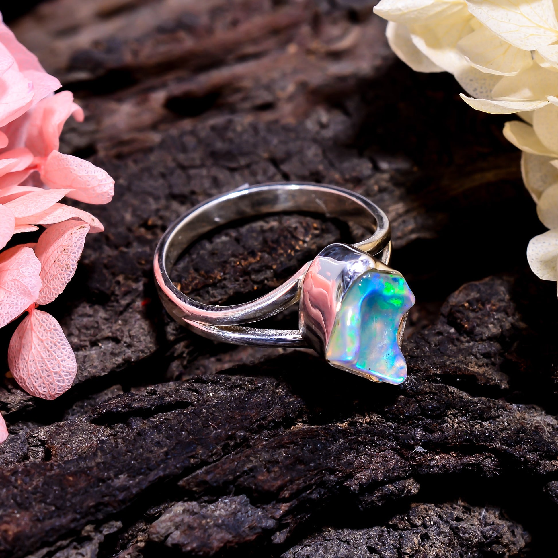 Natural Raw Ethiopian Opal Rings for Women crafted in 925 Sterling Silver