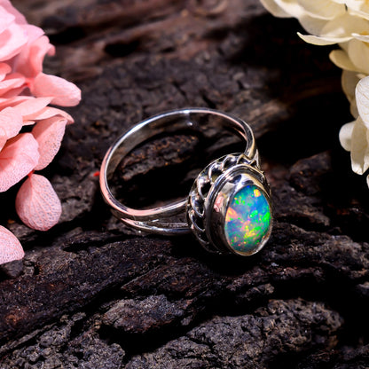 Natural white Ethiopian opal set in handcrafted sterling silver vintage ring