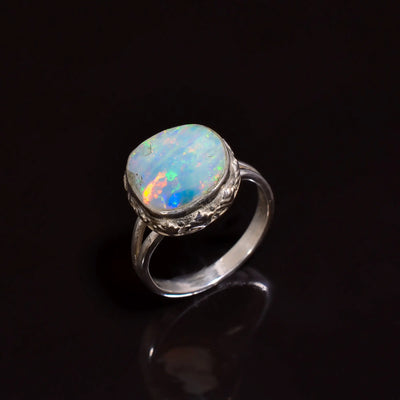 Beautiful White Ethiopian Opal Ring in Oval Shape set in 925 Sterling Silver | 12x12 mm Natural Stone fit stunning ring in just 3.2 Gram | Perfect 6.75 US size