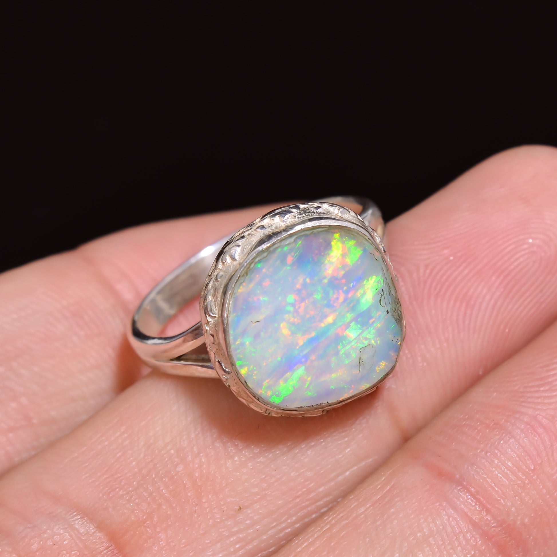 Handmade sterling silver ring with large 12×12 mm Raw white Ethiopian opal, US size 6.75