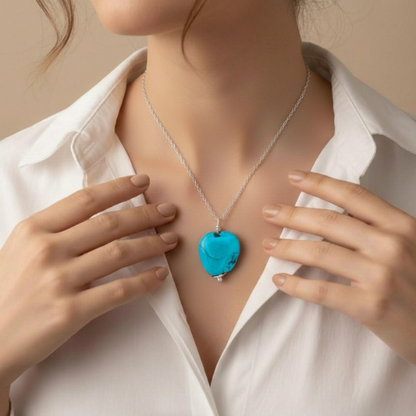 Sterling Silver Natural Tibetan Turquoise Raw Crystal Pendant Necklace